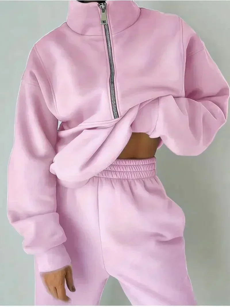 Luvik | Jogger Set Puolivetoketju Joustava vyötärö Sweat Set Treeniasut Naisille