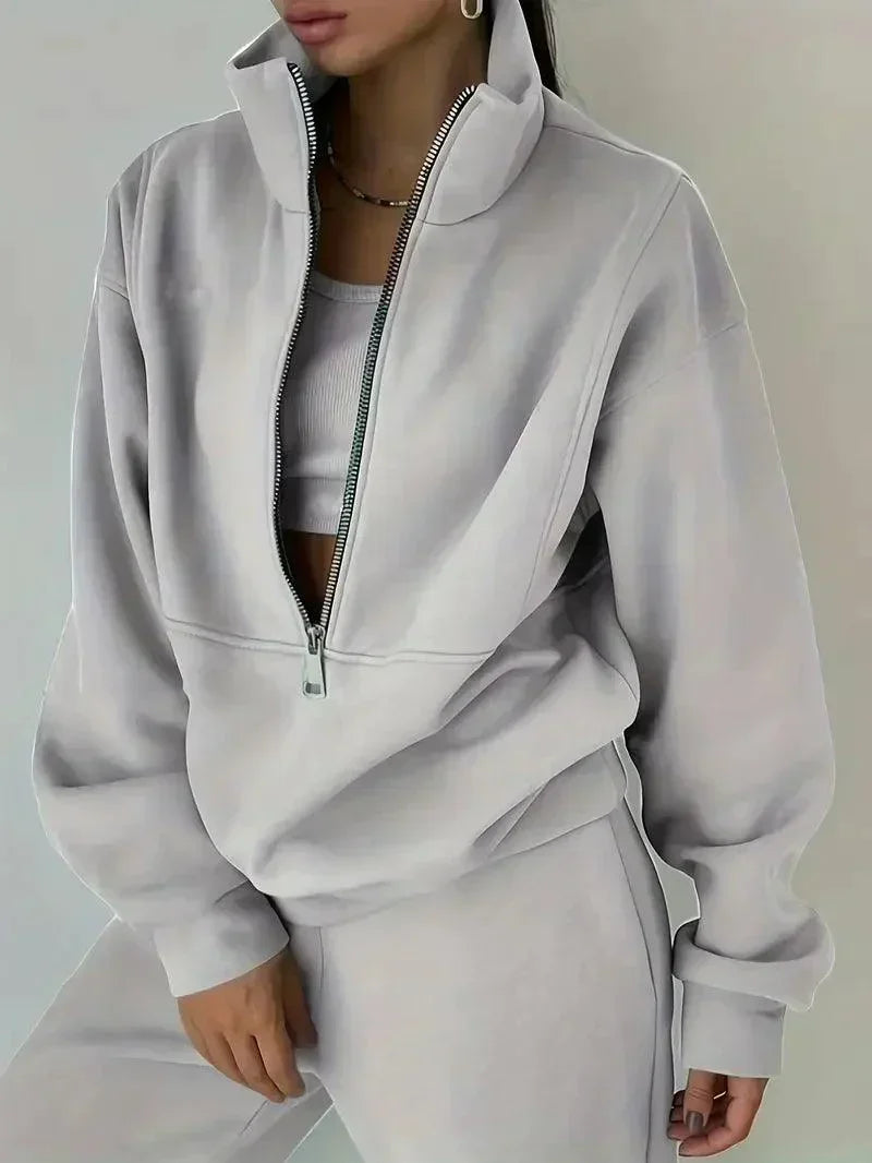 Luvik | Jogger Set Puolivetoketju Joustava vyötärö Sweat Set Treeniasut Naisille