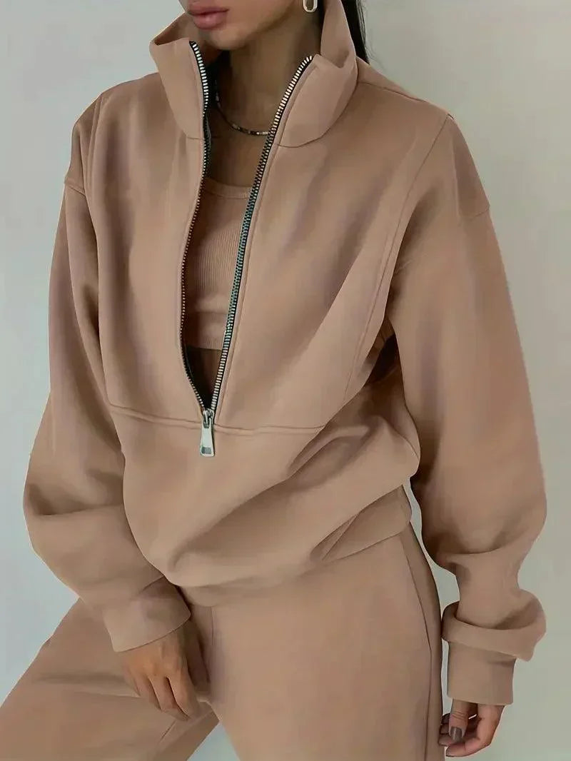Luvik | Jogger Set Puolivetoketju Joustava vyötärö Sweat Set Treeniasut Naisille