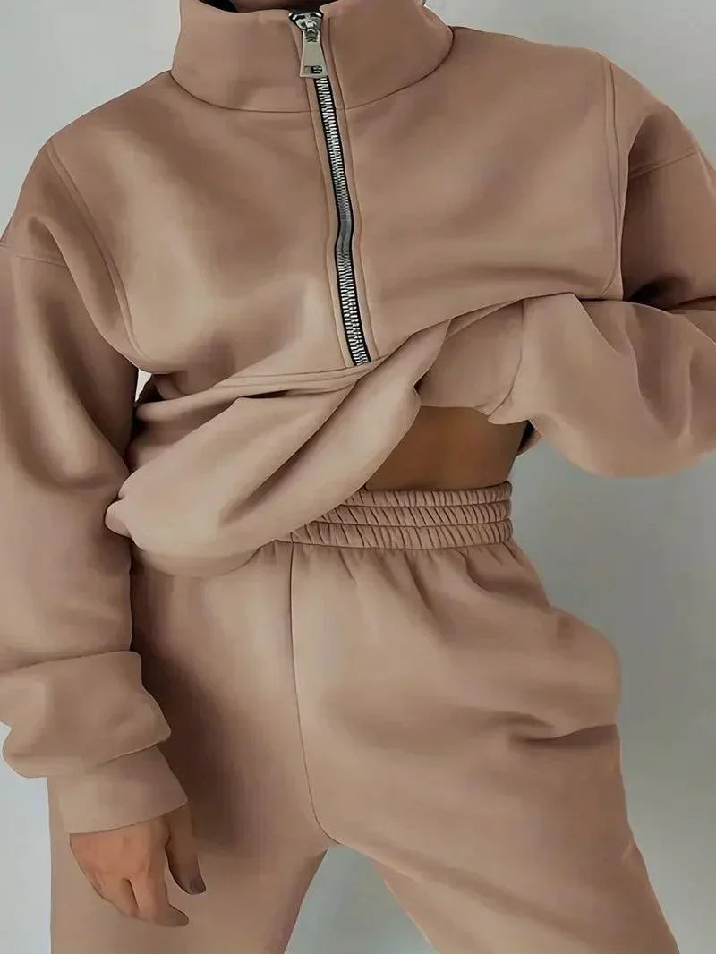 Luvik | Jogger Set Puolivetoketju Joustava vyötärö Sweat Set Treeniasut Naisille