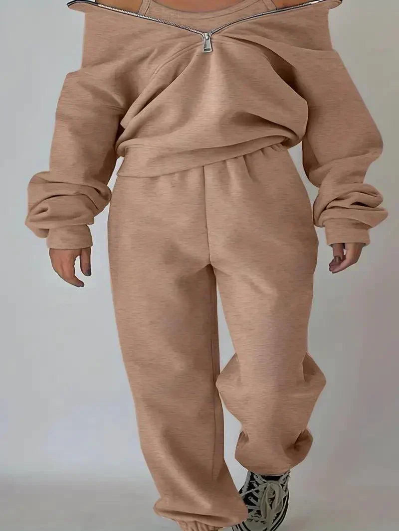 Luvik | Jogger Set Puolivetoketju Joustava vyötärö Sweat Set Treeniasut Naisille