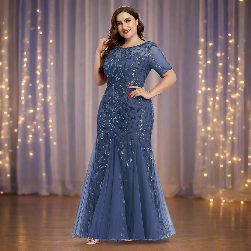 Luvik | Damen Abendkleid in Übergröße Mit Pailletten Und Mesh Stickerei Im Meerjungfrau Stil