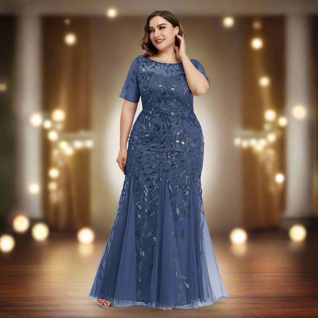 Luvik | Damen Abendkleid in Übergröße Mit Pailletten Und Mesh Stickerei Im Meerjungfrau Stil