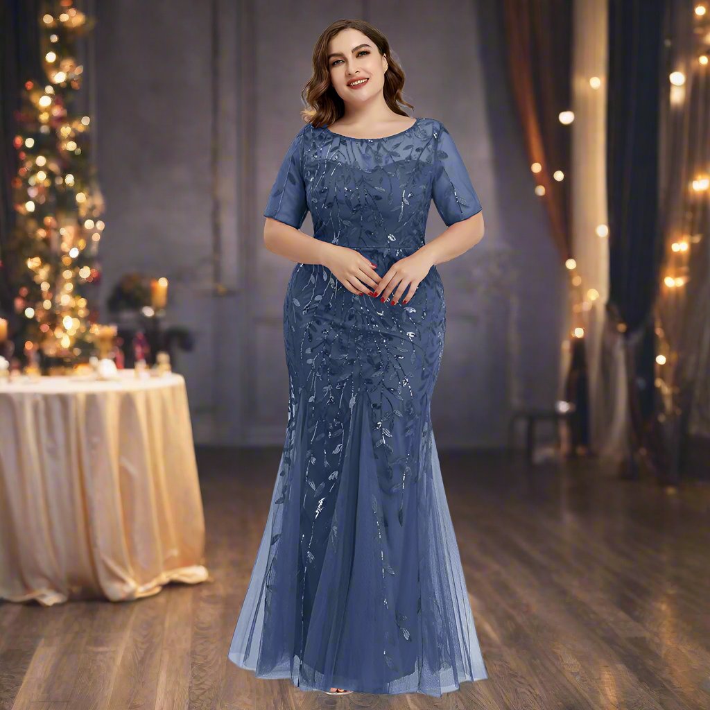 Luvik | Damen Abendkleid in Übergröße Mit Pailletten Und Mesh Stickerei Im Meerjungfrau Stil