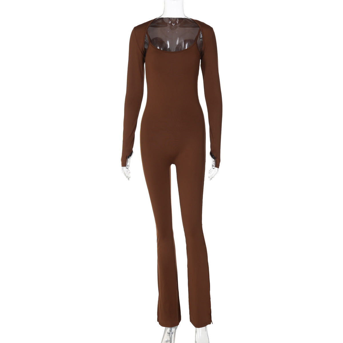 Naisten pitkähihainen jumpsuit innovatiivisella läpinäkyvällä selkäosalla ja kapealla leikkauksella Luvik