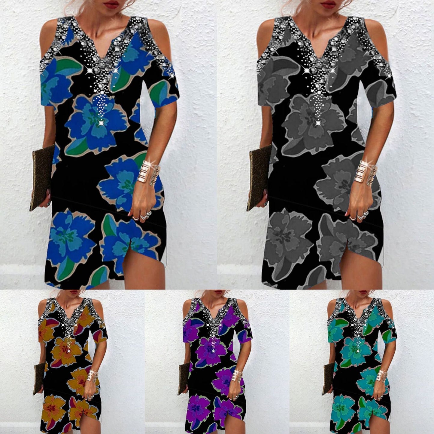 Luvik | Tyylikäs painettu V-kaulus Off-Shoulder Mini Mekko
