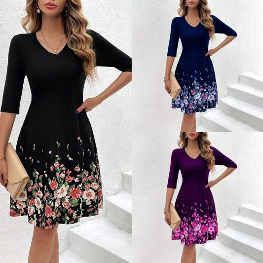 Luvik | Slim Fit Floral Print V-kaula-aukko Mekko