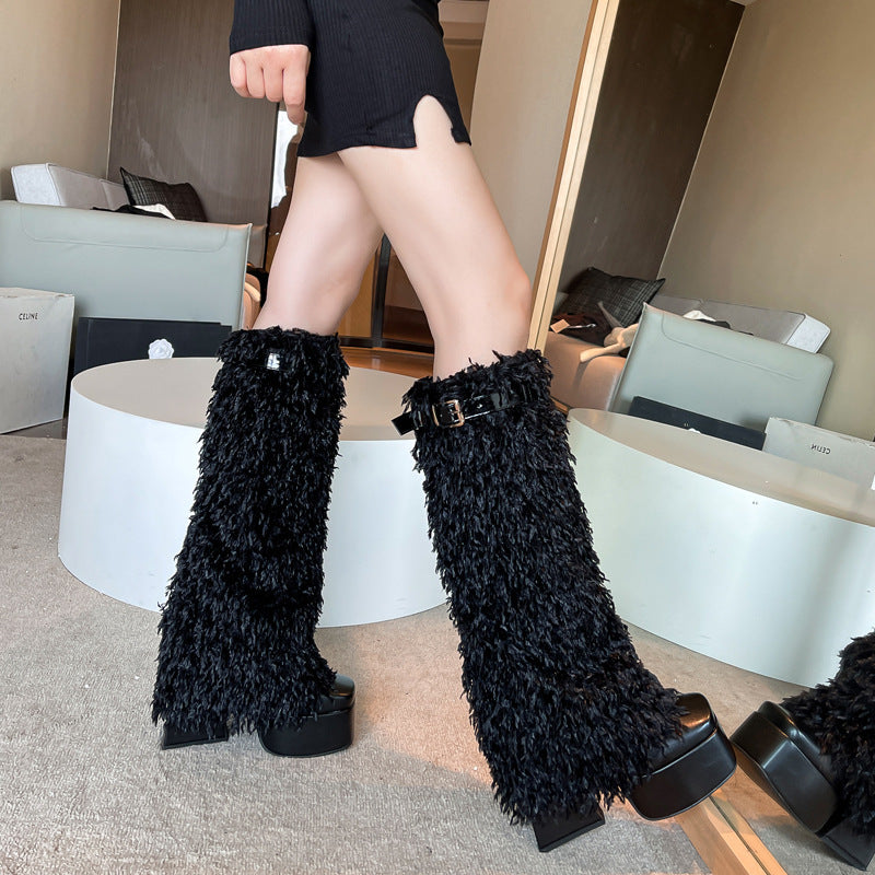 Femme Luxe Fuzzy Yli-polven Stiletto Saappaat Luvik