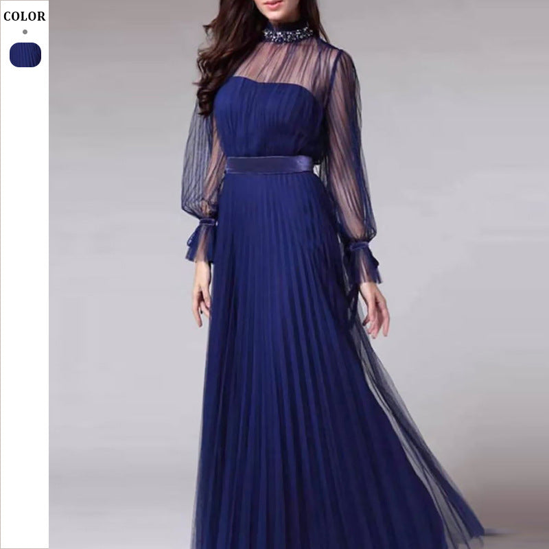 Naisten pleated dress with transparent sleeves and sparkling collar Luvik