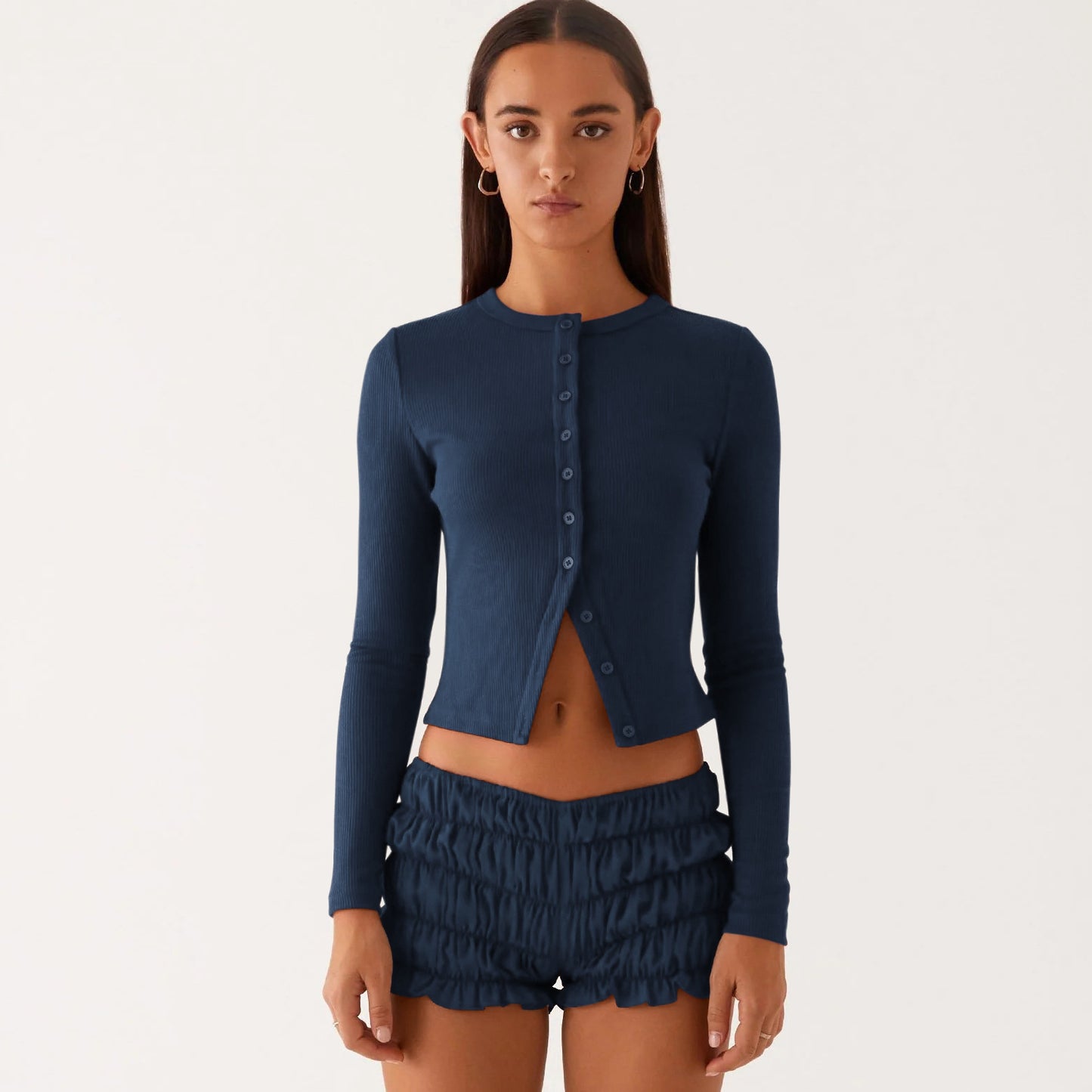 Nainen Rippiraidallinen Pitkähiha Button-Up Top Luvik