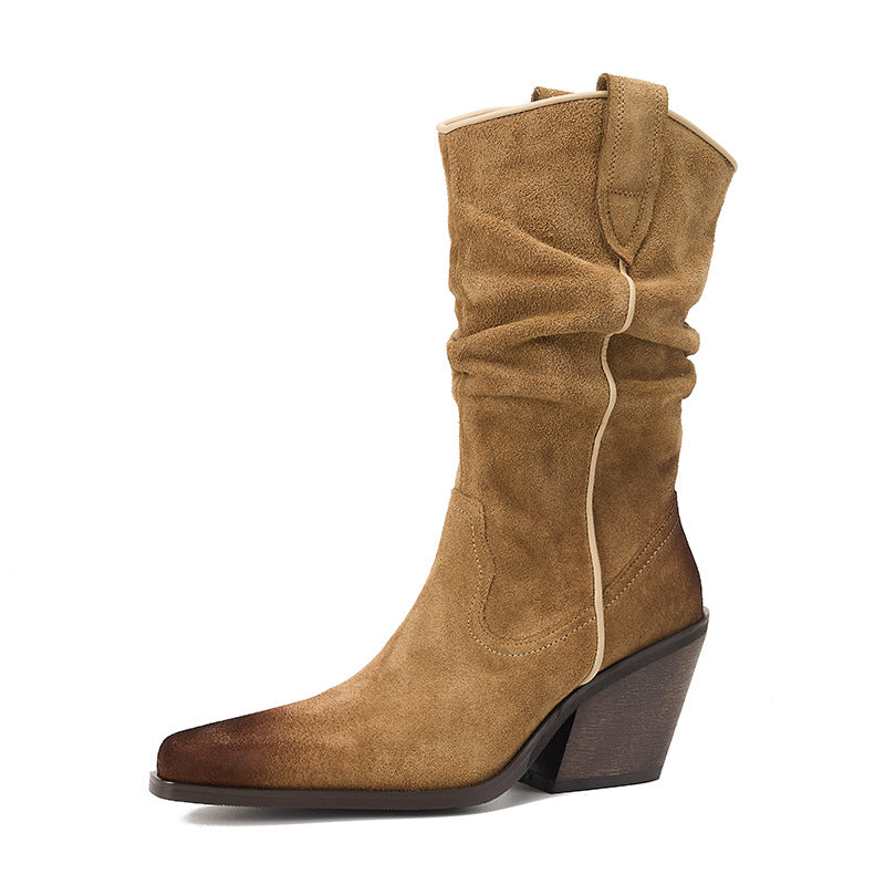Femme Elegante Rentous Leather Cowboy Boots with Sculpted Heel Luvik