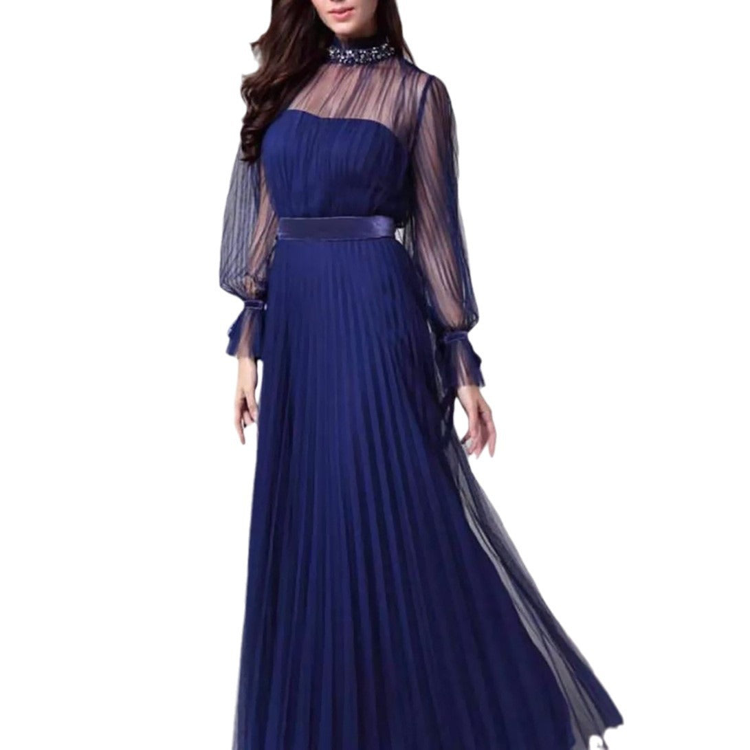 Naisten pleated dress with transparent sleeves and sparkling collar Luvik