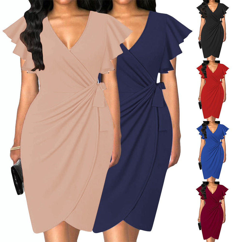 Luvik | dress with v-neck, tight waist, pleats and bell-shaped hem for women
