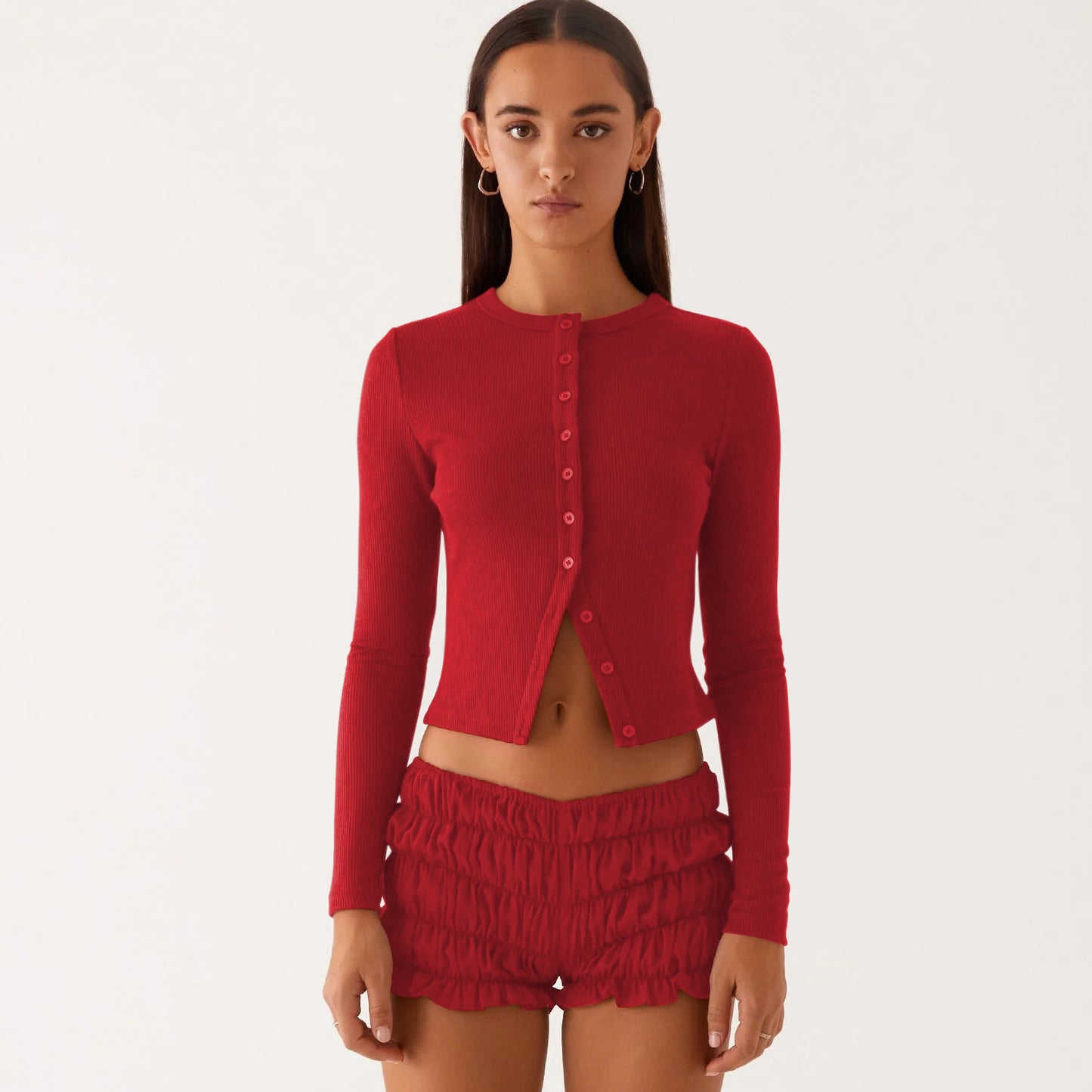 Nainen Rippiraidallinen Pitkähiha Button-Up Top Luvik