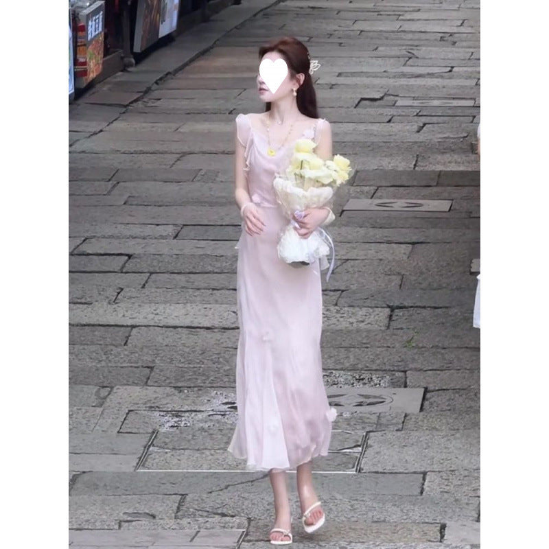 Femme Elegante Pitkä Liukuväri Mekko Kukka koristeilla Luvik