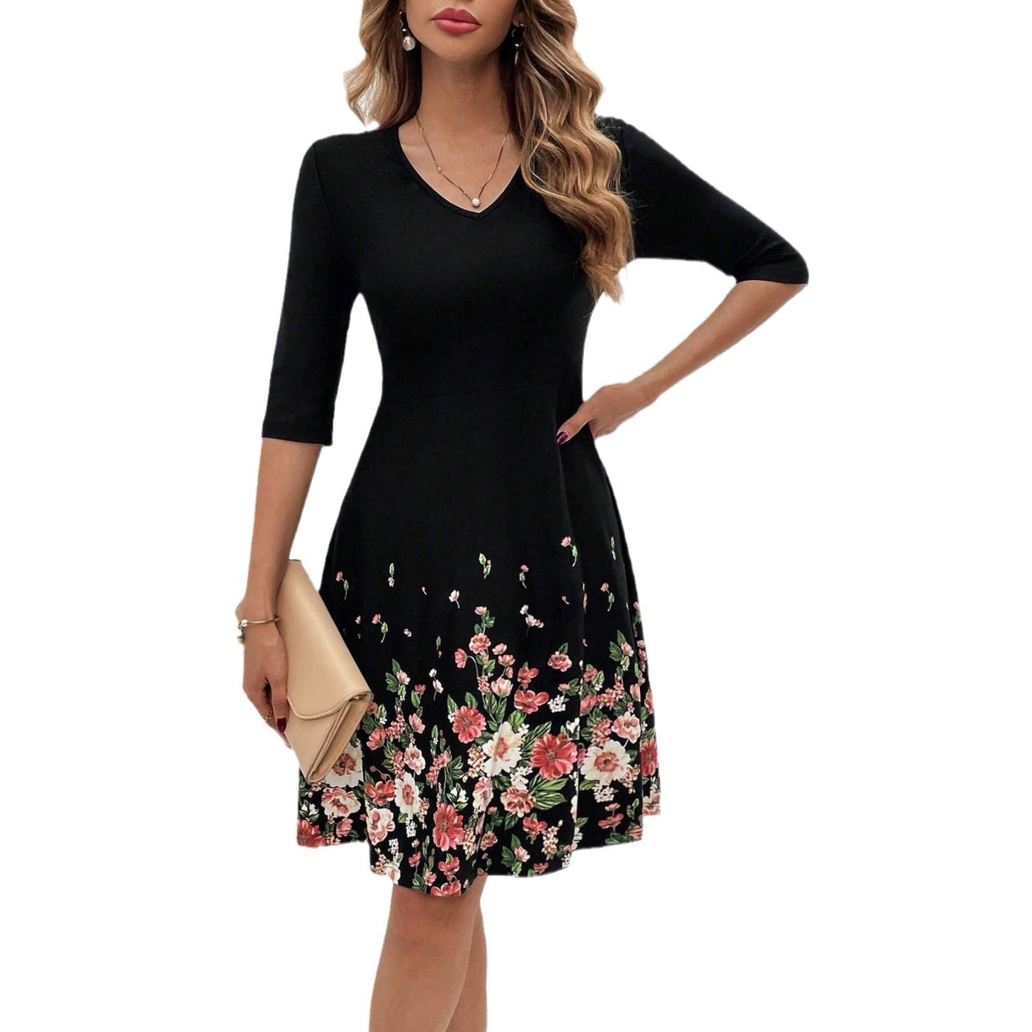Luvik | Slim Fit Floral Print V-kaula-aukko Mekko
