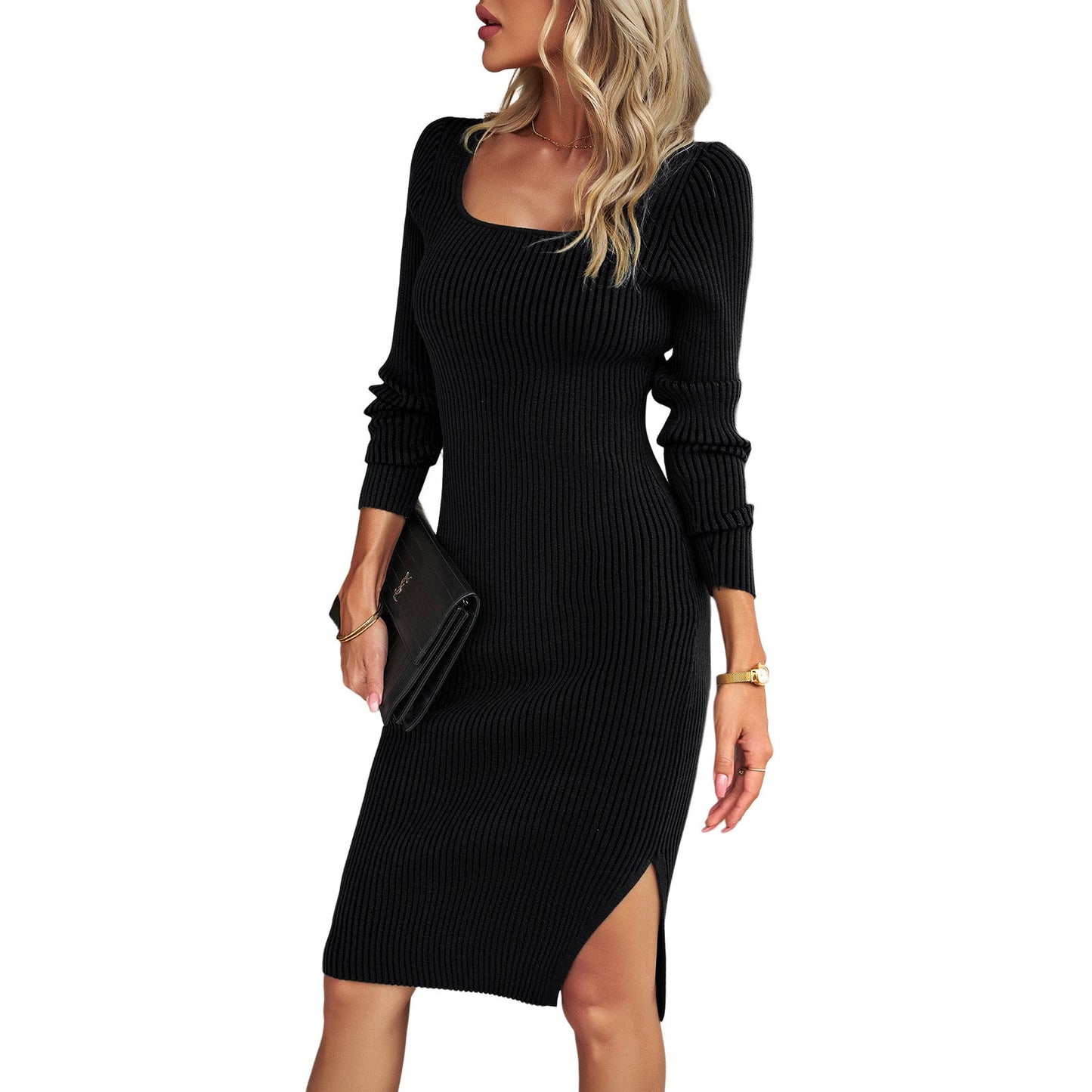 Luvik | Stylishly feminine square-neck wool dress with a touch of temperament