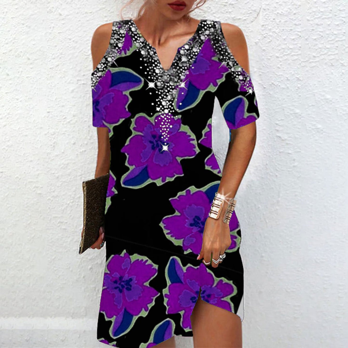 Luvik | Tyylikäs painettu V-kaulus Off-Shoulder Mini Mekko