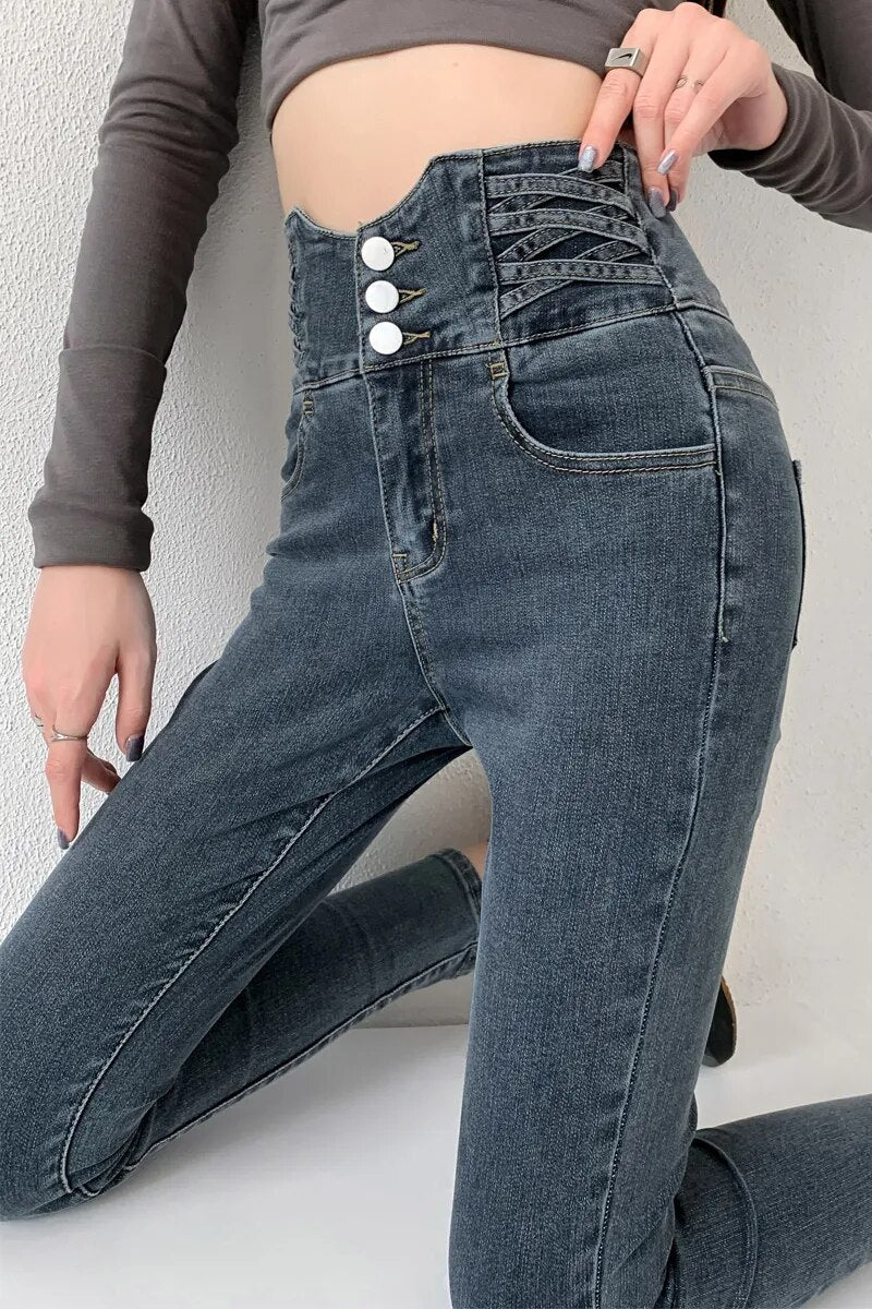 Luvik | Korkeavyötäröiset Skinny-farkut Korsettivyö Stretch Denim Kapea Istuvuus