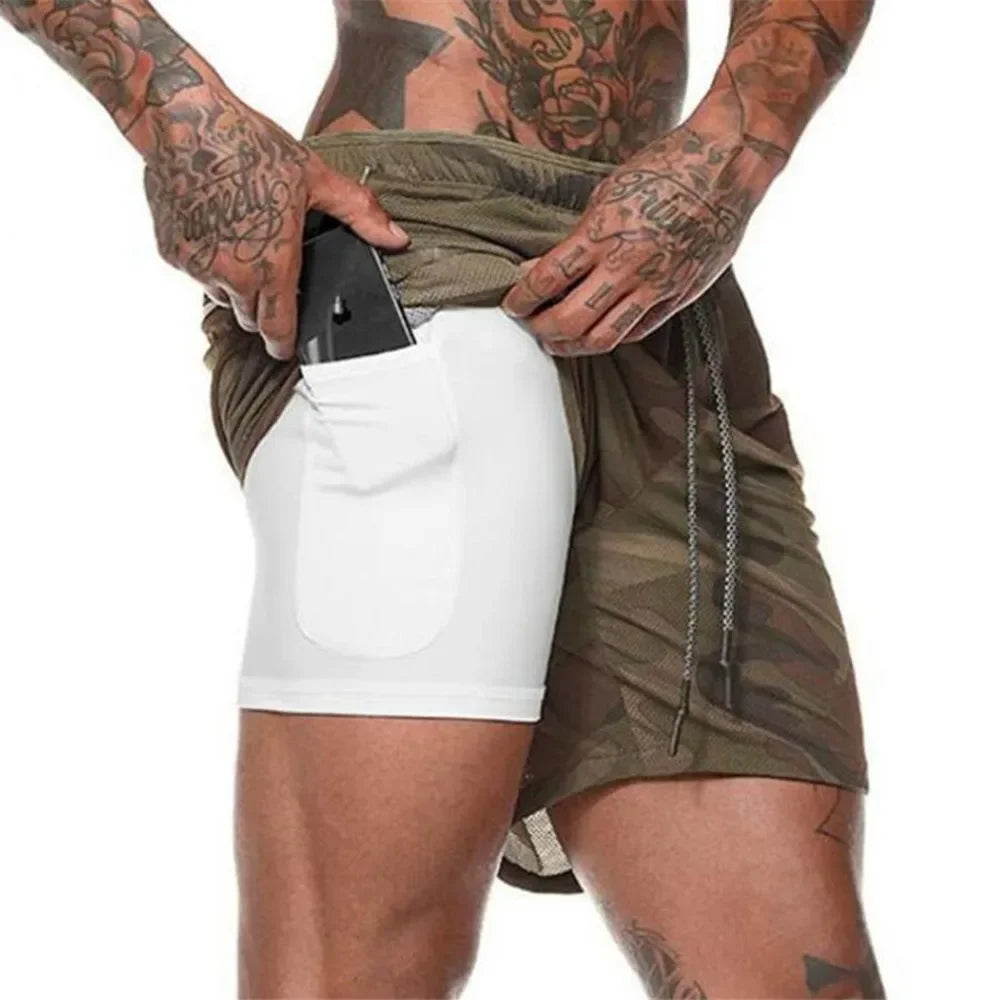 Luvik | Miesten Camo 2 in 1 Juoksushortsit Kuntosaliin & Urheiluun