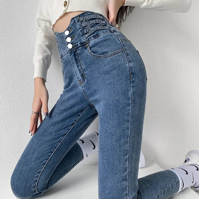 Luvik | Korkeavyötäröiset Skinny-farkut Korsettivyö Stretch Denim Kapea Istuvuus