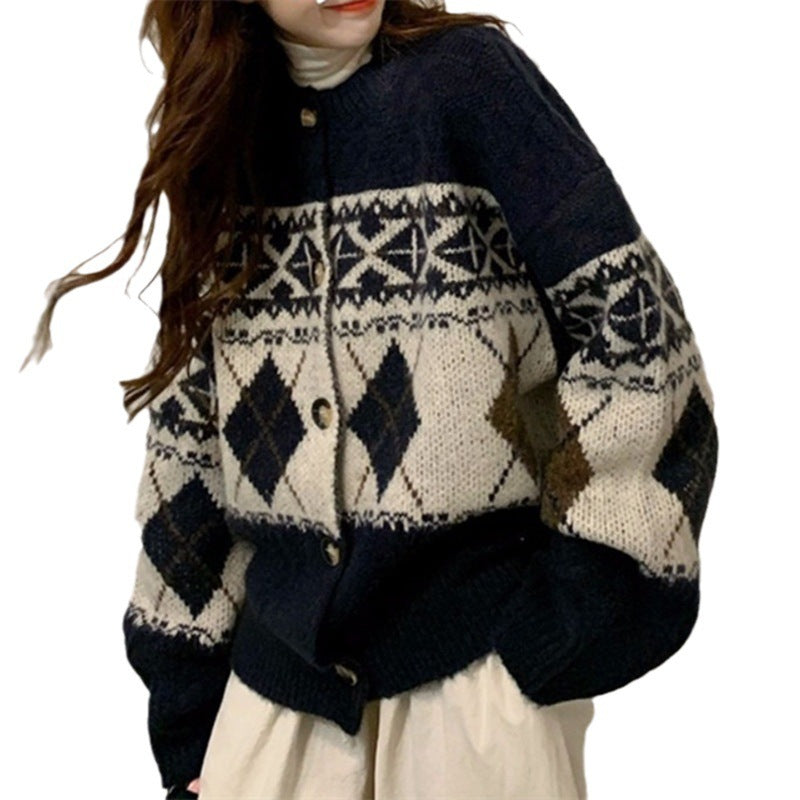 Luvik | Retro Korean Style Loose Rhombus Pattern Thickened Student Sweater Coat