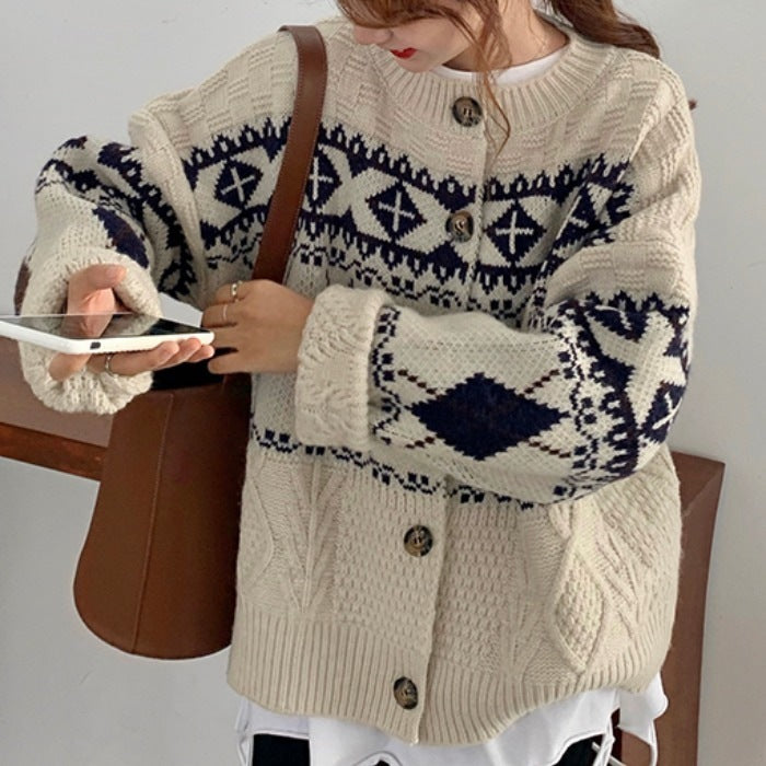 Luvik | Retro Korean Style Loose Rhombus Pattern Thickened Student Sweater Coat