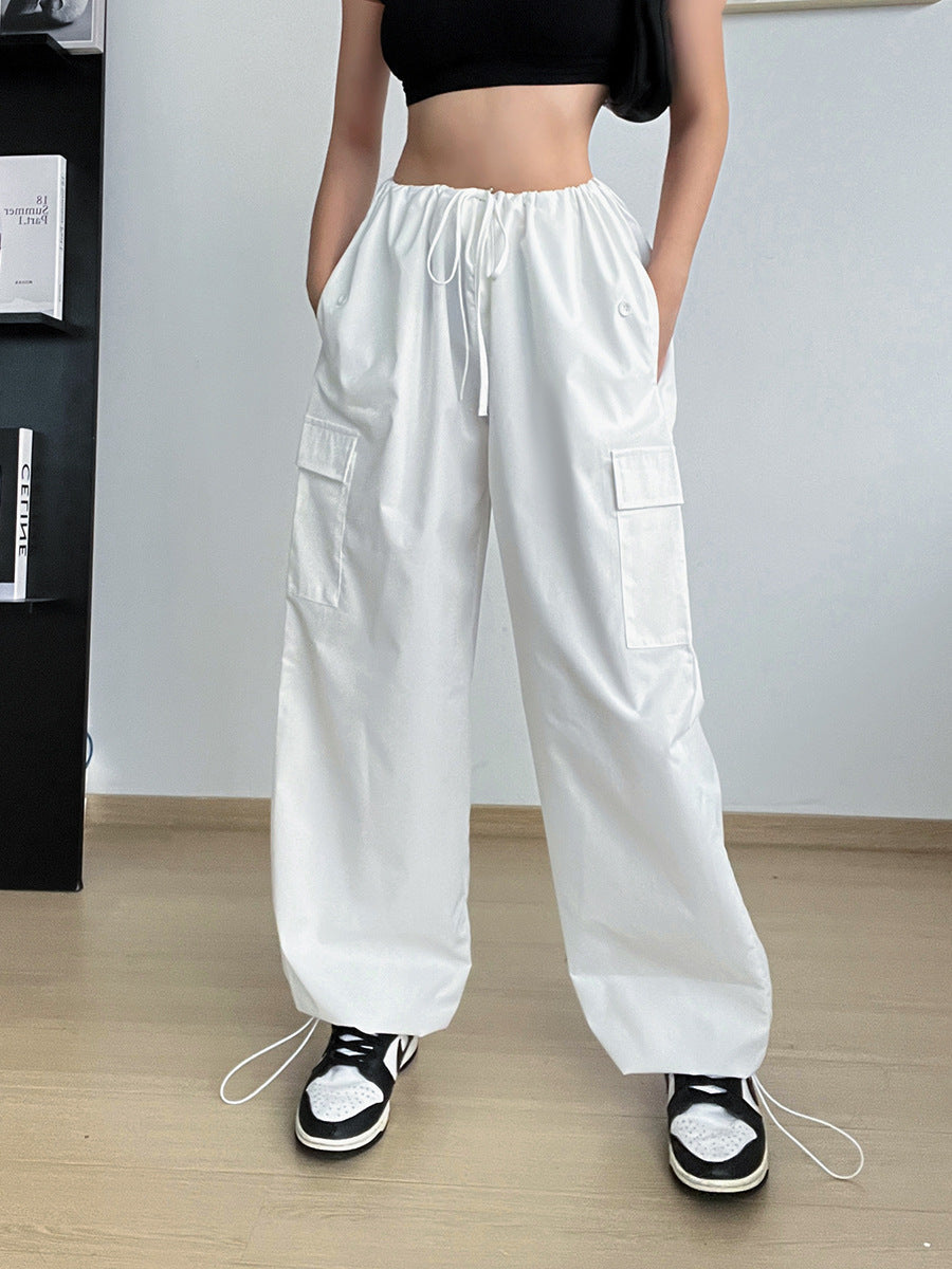 Luvik | Large Sizes String Straight Legs Cargo Pants for Women Loose and Wide Legs