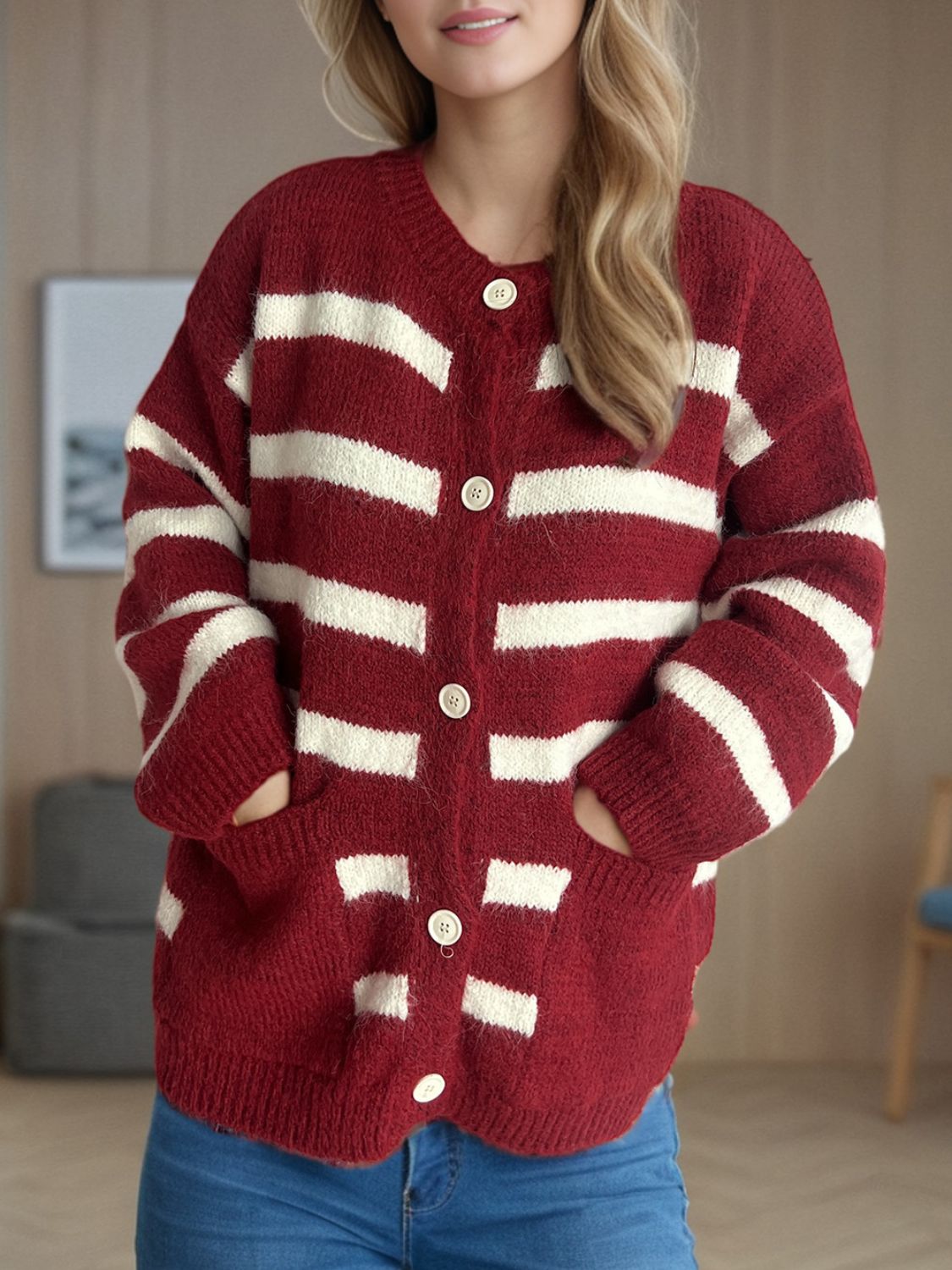 Luvik | Mukava Henkilökohtaisesti Raitainen Lämmin Napillinen Cardigan