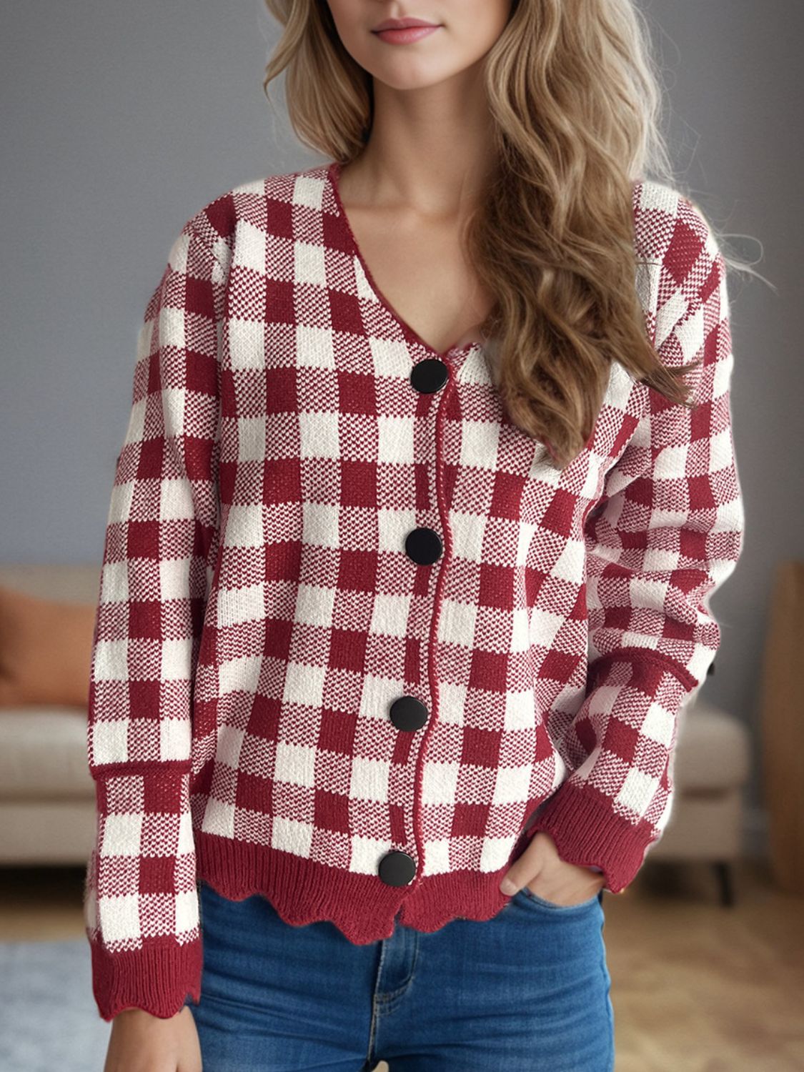 Luvik | Tyylikäs Ruudullinen V-Pääntie Cardigan