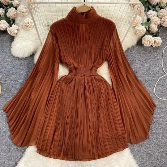 Luvik | Pleated bell sleeve turtleneck dress