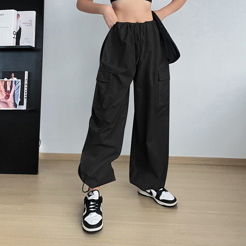 Luvik | Large Sizes String Straight Legs Cargo Pants for Women Loose and Wide Legs