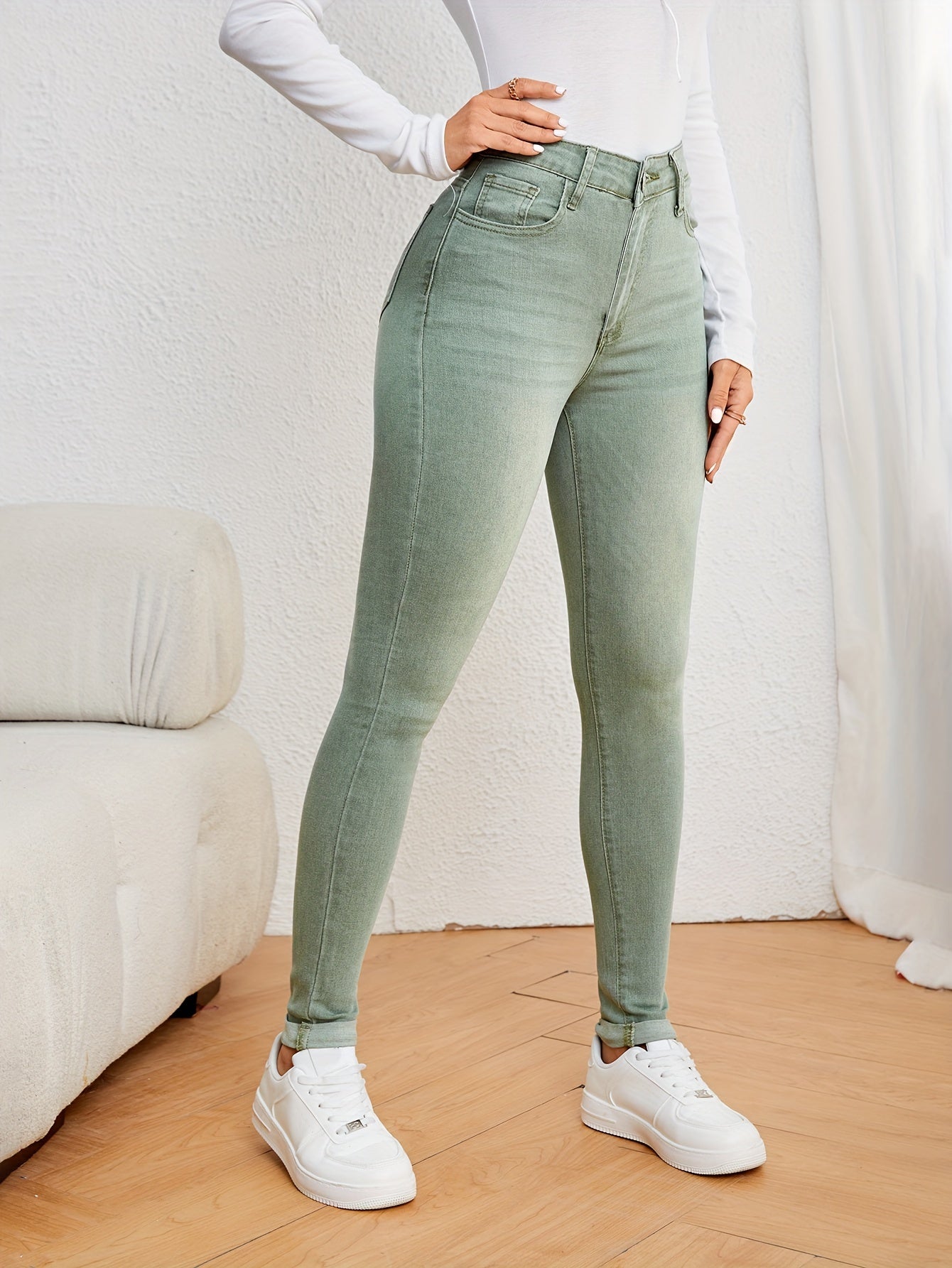 Luvik | Oliivinvihreät High Waist Slim Fit Farkut Stretch Denim
