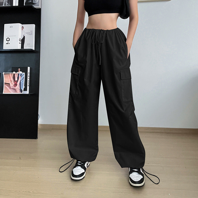 Luvik | Large Sizes String Straight Legs Cargo Pants for Women Loose and Wide Legs