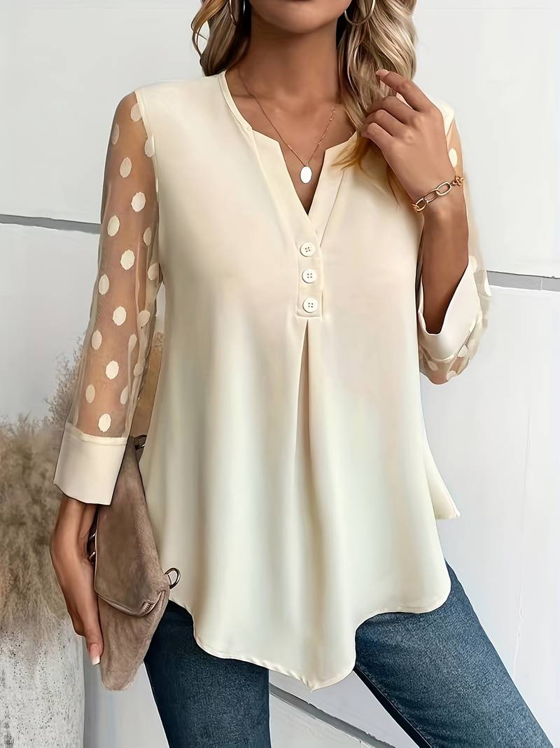 Luvik | Tyylikäs blusa, jossa on V-pääntie ja pilkulliset hihat