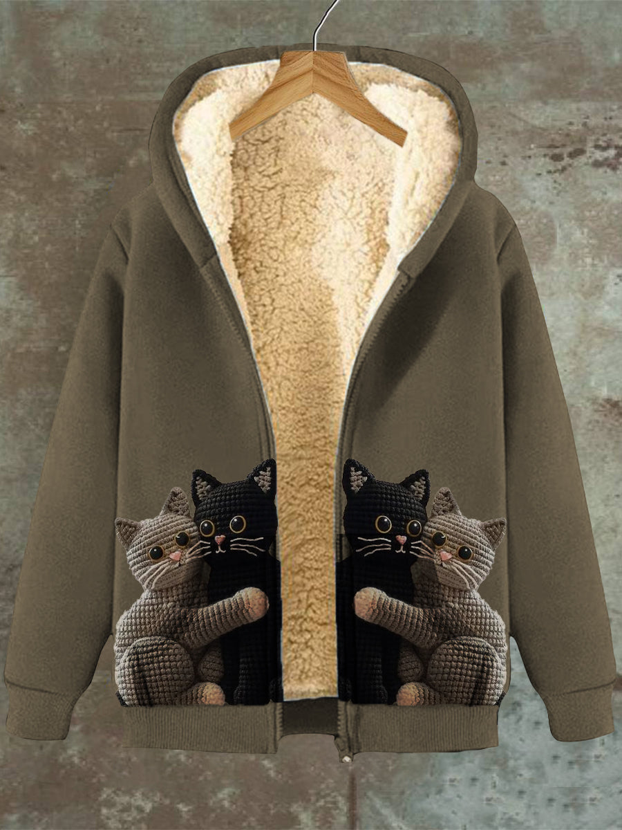 Luvik | Fleece Sweatshirt With Hood And Cat Print For Women